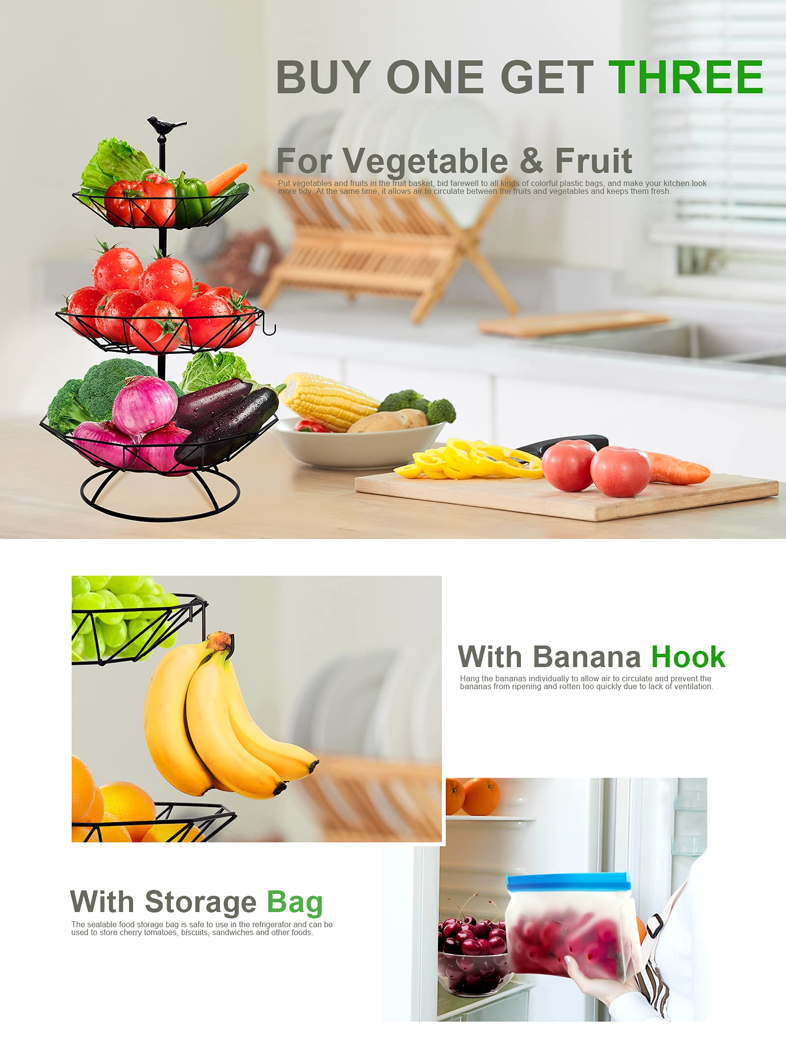 Homlab Fruit Basket for Kitchen-Countertop Detachable Vegetables-Storage 3-Tier Fruit Bowl for Counter Fruit Holder Metal Banana Holder Organizer with Banana Hanger & Reusable Storage Bag(Black)