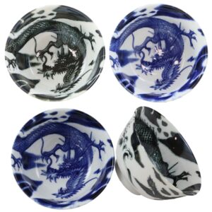 Ebros Gift Blue And Black Japanese And Chinese Longwei Dragons Ceramic Bowls Pack Of 4 Made In Japan Kitchen Dining Asian Cuisine Restaurant Supply Grade Microwave Dishwasher Safe 14oz Soup Salad Bowl