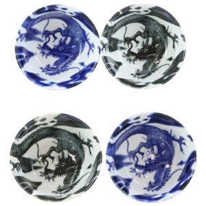 Ebros Gift Blue And Black Japanese And Chinese Longwei Dragons Ceramic Bowls Pack Of 4 Made In Japan Kitchen Dining Asian Cuisine Restaurant Supply Grade Microwave Dishwasher Safe 14oz Soup Salad Bowl