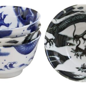 Ebros Gift Blue And Black Japanese And Chinese Longwei Dragons Ceramic Bowls Pack Of 4 Made In Japan Kitchen Dining Asian Cuisine Restaurant Supply Grade Microwave Dishwasher Safe 14oz Soup Salad Bowl