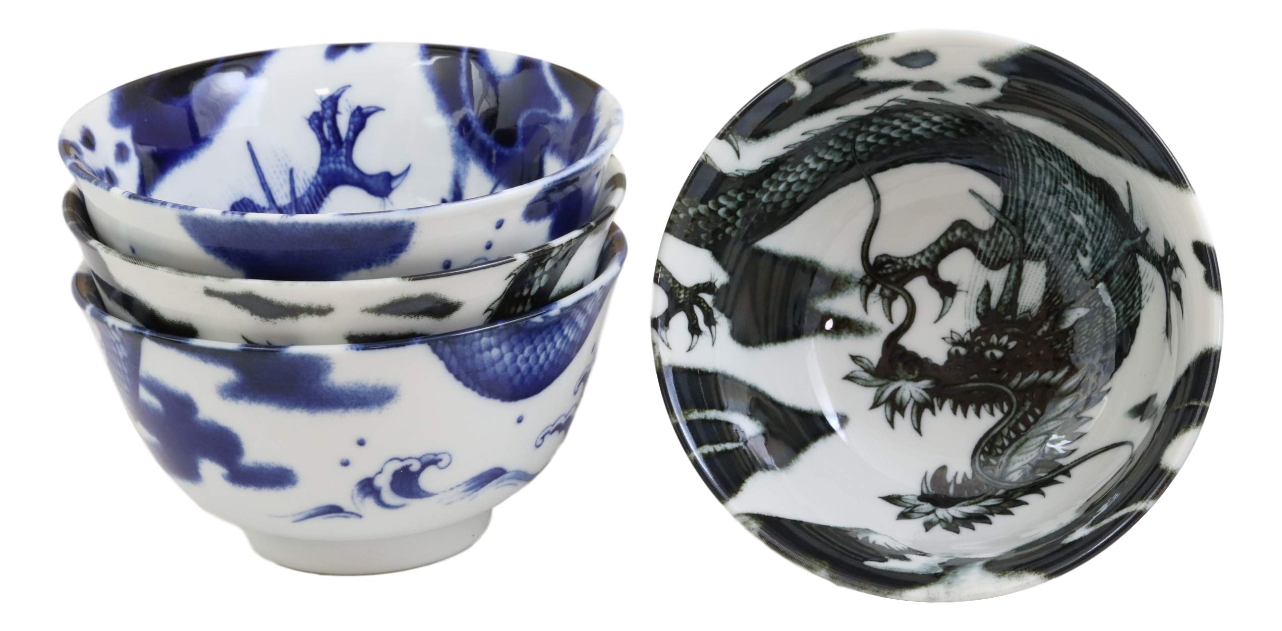 Ebros Gift Blue And Black Japanese And Chinese Longwei Dragons Ceramic Bowls Pack Of 4 Made In Japan Kitchen Dining Asian Cuisine Restaurant Supply Grade Microwave Dishwasher Safe 14oz Soup Salad Bowl