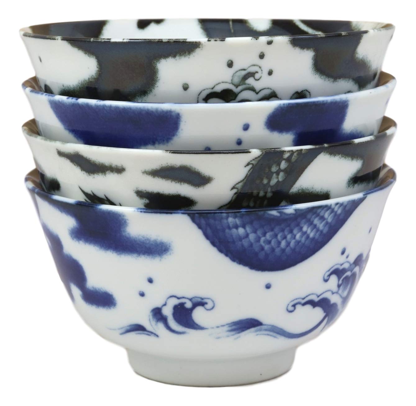 Ebros Gift Blue And Black Japanese And Chinese Longwei Dragons Ceramic Bowls Pack Of 4 Made In Japan Kitchen Dining Asian Cuisine Restaurant Supply Grade Microwave Dishwasher Safe 14oz Soup Salad Bowl