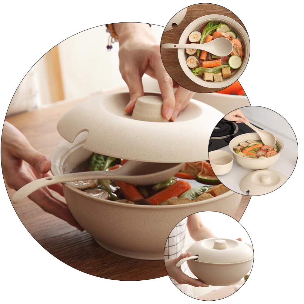 Hemoton Soup Pot Microwave Noodle Bowls Soup Bowl with Spoon Wheat Straw Soup Food Dish Large Meal Food Round Bowl with Lid Cover Salad Dinner Lunch Bowl Tableware Soup Pot Salad Serving Utensils