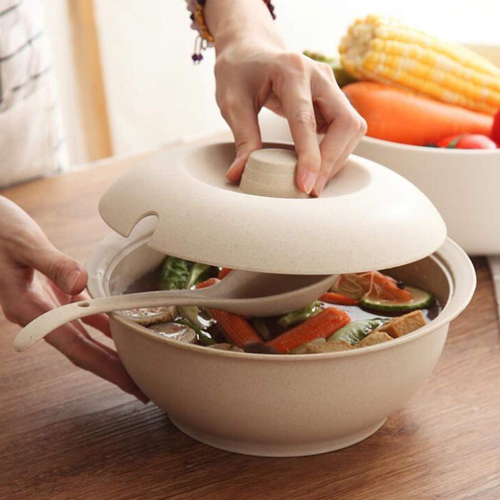 Hemoton Soup Pot Microwave Noodle Bowls Soup Bowl with Spoon Wheat Straw Soup Food Dish Large Meal Food Round Bowl with Lid Cover Salad Dinner Lunch Bowl Tableware Soup Pot Salad Serving Utensils