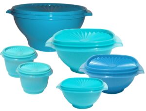tupperware classic servalier bowl set in shades of blue and aqua