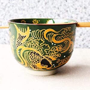 Ebros Gift Colorful Green And Yellow River Koi Fishes With Crystals Ramen Udong Noodles Bowl With Built In Chopsticks Rest and Bamboo Chopstick Set for Kitchen Dining Soup Rice Meal Bowls (1)