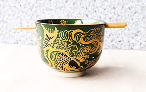 Ebros Gift Colorful Green And Yellow River Koi Fishes With Crystals Ramen Udong Noodles Bowl With Built In Chopsticks Rest and Bamboo Chopstick Set for Kitchen Dining Soup Rice Meal Bowls (1)