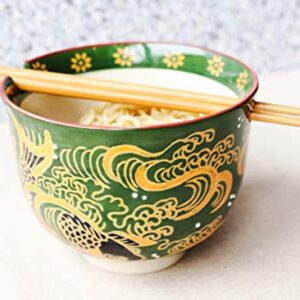 Ebros Gift Colorful Green And Yellow River Koi Fishes With Crystals Ramen Udong Noodles Bowl With Built In Chopsticks Rest and Bamboo Chopstick Set for Kitchen Dining Soup Rice Meal Bowls (1)