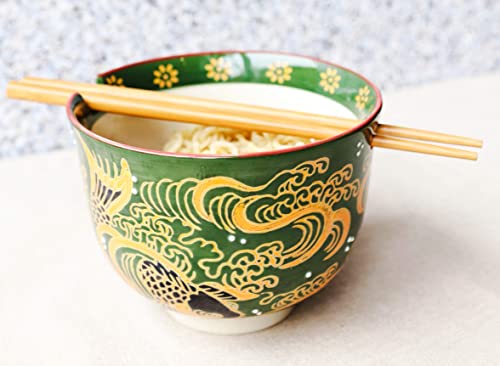 Ebros Gift Colorful Green And Yellow River Koi Fishes With Crystals Ramen Udong Noodles Bowl With Built In Chopsticks Rest and Bamboo Chopstick Set for Kitchen Dining Soup Rice Meal Bowls (1)