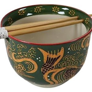 Ebros Gift Colorful Green And Yellow River Koi Fishes With Crystals Ramen Udong Noodles Bowl With Built In Chopsticks Rest and Bamboo Chopstick Set for Kitchen Dining Soup Rice Meal Bowls (1)