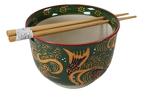 Ebros Gift Colorful Green And Yellow River Koi Fishes With Crystals Ramen Udong Noodles Bowl With Built In Chopsticks Rest and Bamboo Chopstick Set for Kitchen Dining Soup Rice Meal Bowls (1)