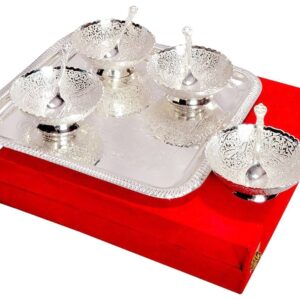 PARIJAT HANDICRAFT Silver Plated Brass Bowl Set with Tray - Pack of 9