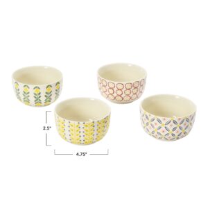 Creative Co-Op Hand-Stamped Stoneware Floral Patterns, Set of 4 Styles Bowl, Multicolored, 4