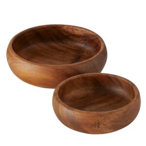 whw whole house worlds farmers artisinal acacia wood bowls, set of 2, hand carved, natural, food safe, rustic round design, rounded edges, 4.75 and 4 inches in diameter