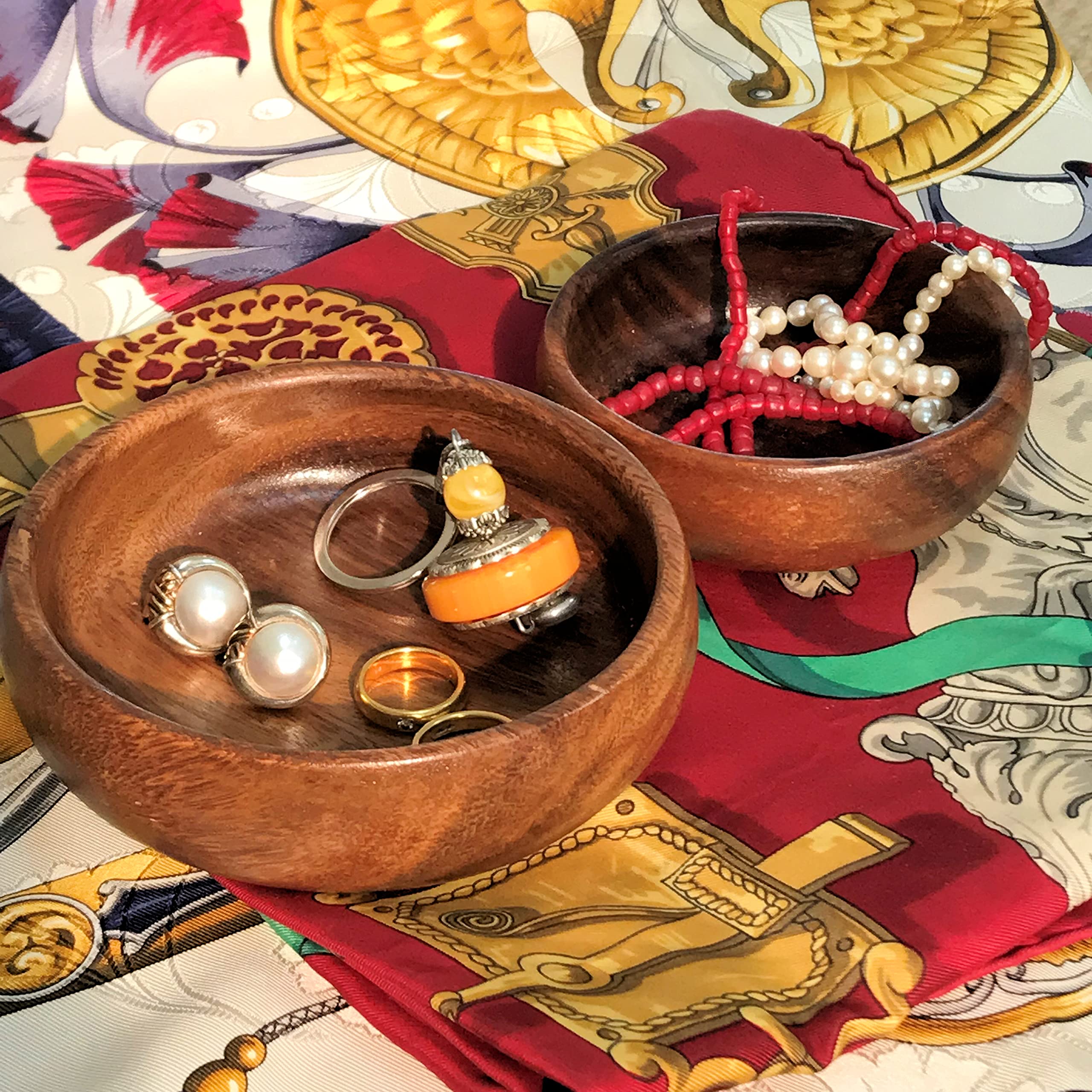 WHW Whole House Worlds Farmers Artisinal Acacia Wood Bowls, Set of 2, Hand Carved, Natural, Food Safe, Rustic Round Design, Rounded Edges, 4.75 and 4 Inches in Diameter