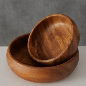 WHW Whole House Worlds Farmers Artisinal Acacia Wood Bowls, Set of 2, Hand Carved, Natural, Food Safe, Rustic Round Design, Rounded Edges, 4.75 and 4 Inches in Diameter