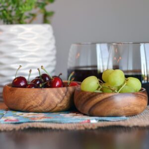 WHW Whole House Worlds Farmers Artisinal Acacia Wood Bowls, Set of 2, Hand Carved, Natural, Food Safe, Rustic Round Design, Rounded Edges, 4.75 and 4 Inches in Diameter