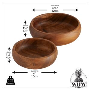 WHW Whole House Worlds Farmers Artisinal Acacia Wood Bowls, Set of 2, Hand Carved, Natural, Food Safe, Rustic Round Design, Rounded Edges, 4.75 and 4 Inches in Diameter