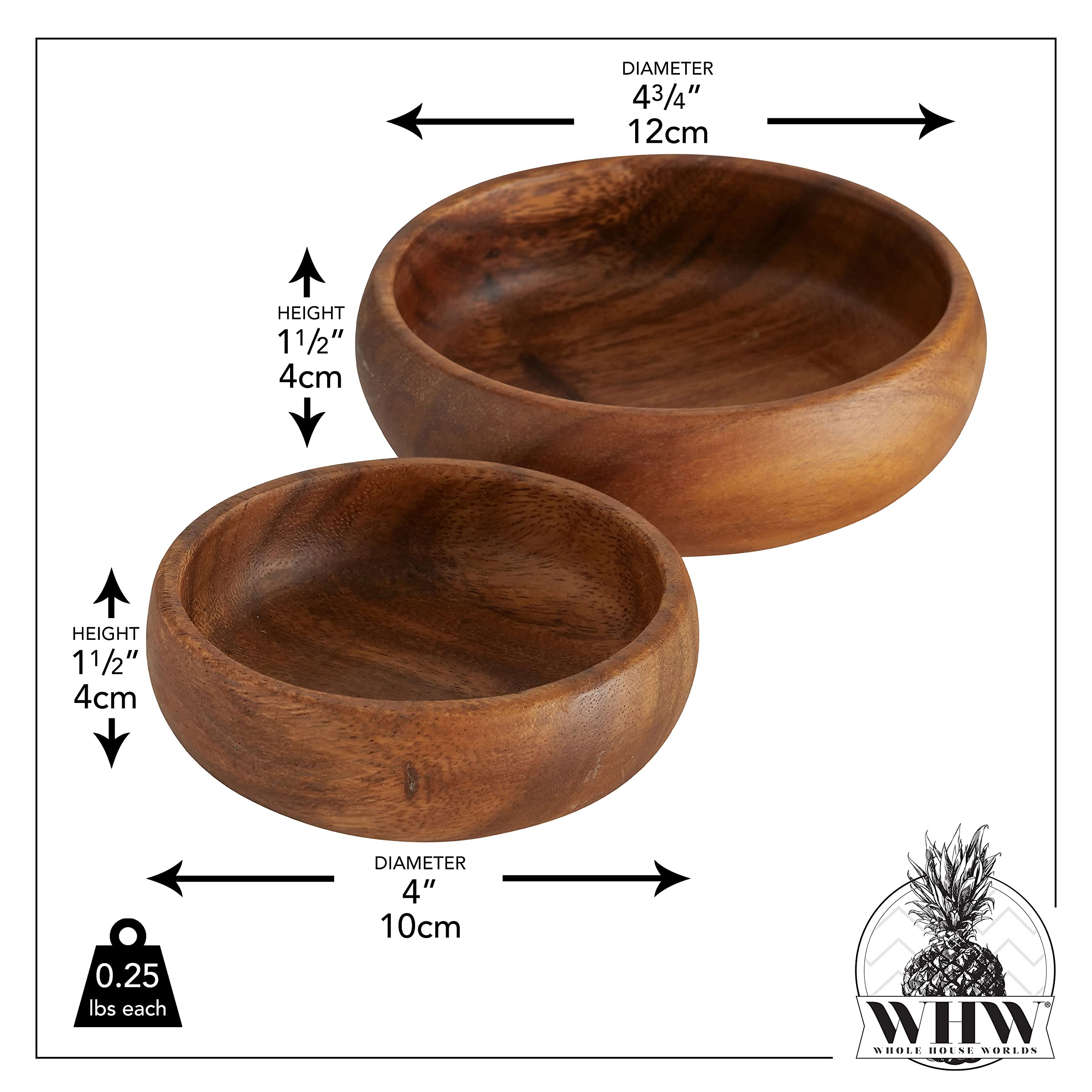 WHW Whole House Worlds Farmers Artisinal Acacia Wood Bowls, Set of 2, Hand Carved, Natural, Food Safe, Rustic Round Design, Rounded Edges, 4.75 and 4 Inches in Diameter