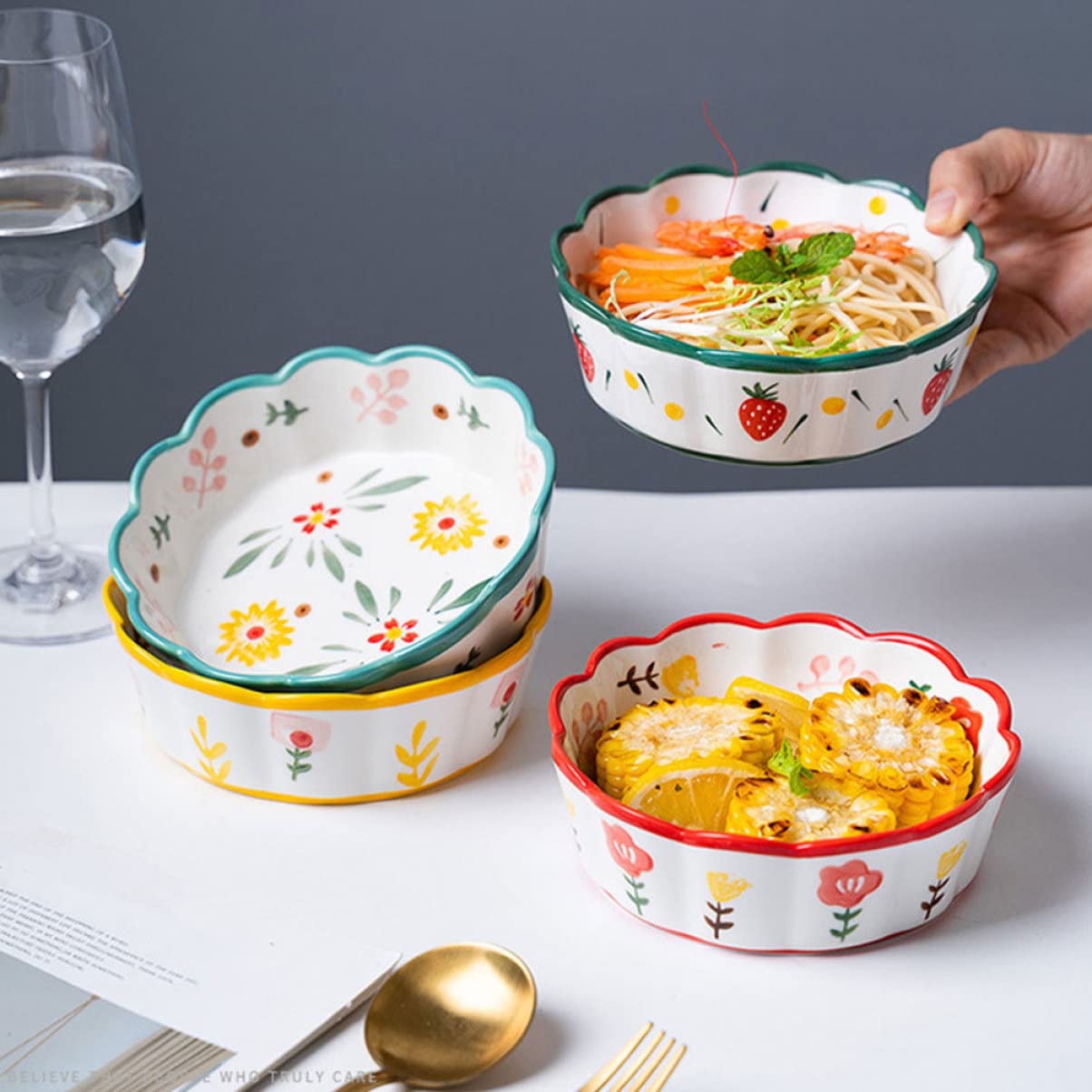 BESTonZON Yellow Mixing Cups Fruits Center Dip Dishwasher Microwave Baking Pattern Kids Kitchen Ramen Bakeware Fruit Floral Wedding Decorative Vegetables Pasta Snack Poorn Candy Oven Side