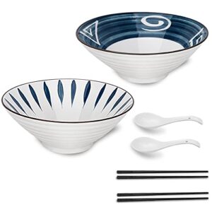 cysnatu japanese ramen bowl, ceramic ramen bowls set of 2, 34oz large ramen bowl noodle, ramen bowl with chopsticks and spoon(blue and white)