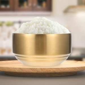 YARNOW Rice Washing Bowl Stainless Steel Rice Bowl with Lid, Vacuum Insulated Bowl with Lid, Double Layer Bowl with Lid, for Rice Soup Noodles Cereal (4.5 x 2.9 Inch, Golden) Rice Bowls