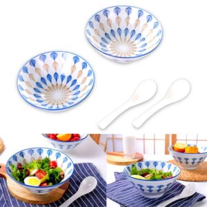 braque ceramic japanese ramen bowl, set of 2, 28.7oz porcelain bowls with spoons – for ramen, pho, udon, soup, salad – asian rustic design, chip resistant, high grade lead & bpa free - leafage echo