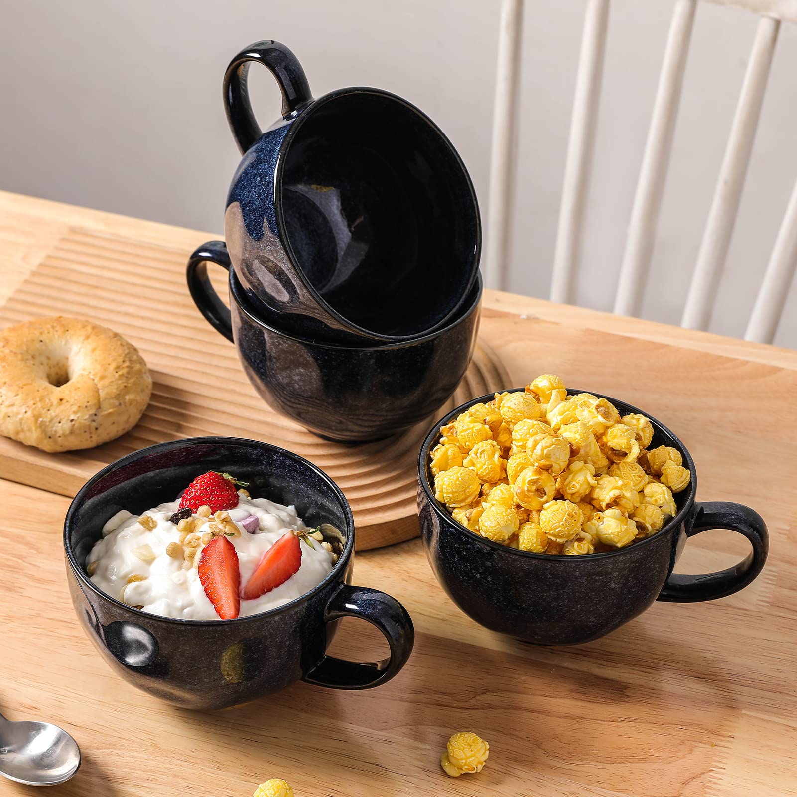vicrays 8-Piece Kitchen Dinnerware Set - 24 Oz Ceramic Soup Bowls Bundle with 27 Oz Jumbo Soup Mug - Microwave, Oven, and Dishwasher Safe, Scratch Resistant
