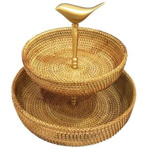 12 inch tiered tray stand with gold metal handle, two tier wicker basket tray with 4 inch side and brass bird décor, boho 2 tier rattan serving stand for candy dish, fruit, makeup, brown, l, i-lan