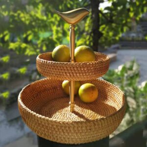 12 Inch Tiered Tray Stand with Gold Metal Handle, Two Tier Wicker Basket Tray with 4 Inch Side and Brass Bird Décor, Boho 2 Tier Rattan Serving Stand for Candy Dish, Fruit, Makeup, Brown, L, i-lan