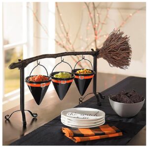 jhlia halloween broomstick snack bowl stand with removable basket organizer, witch broom fruit baskets holder party bowl, candy, dessert salad, creative christmas decorations wedding party decor (a)
