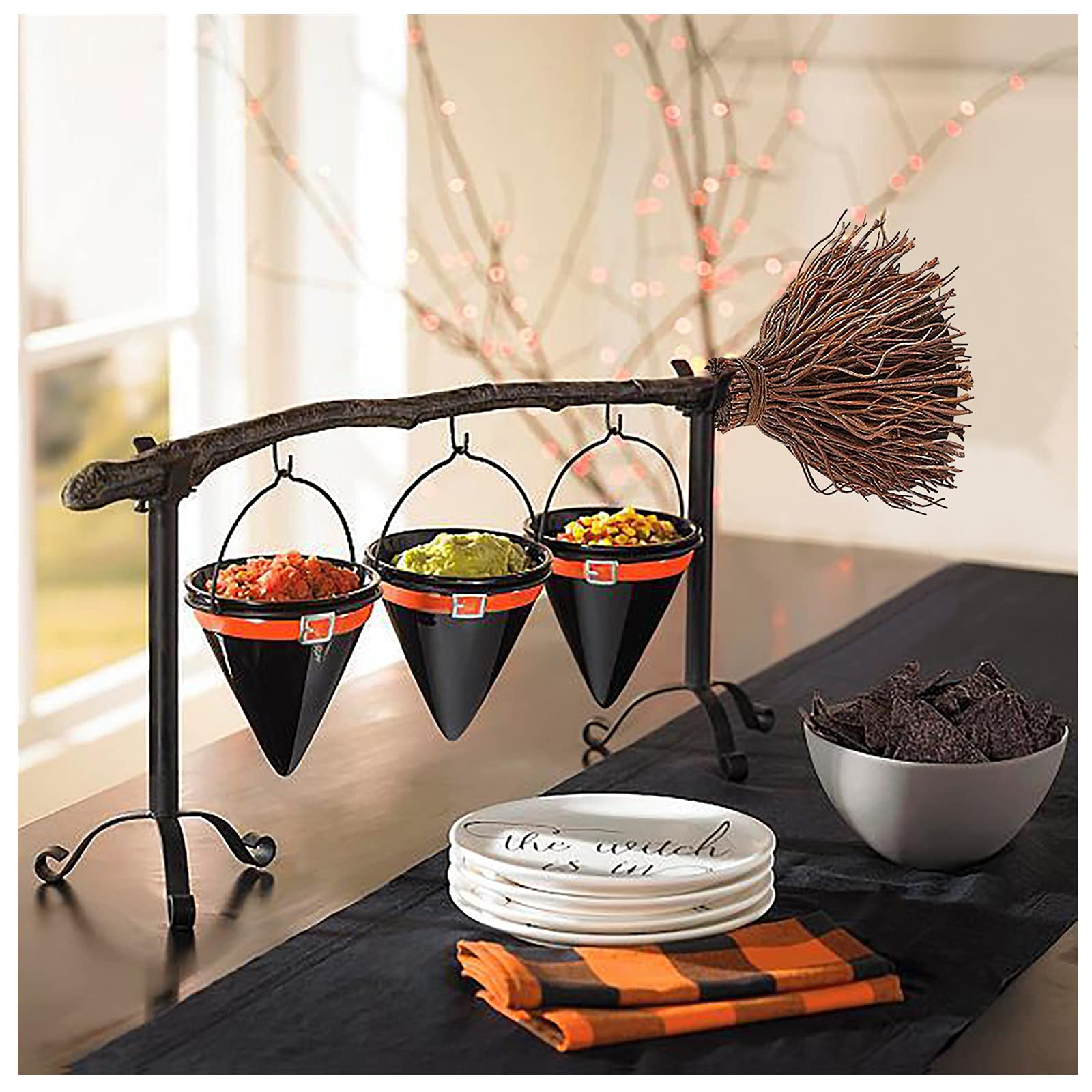 JHLIA Halloween Broomstick Snack Bowl Stand with Removable Basket Organizer, Witch Broom Fruit Baskets Holder Party Bowl, Candy, Dessert Salad, Creative Christmas Decorations Wedding Party Decor (A)