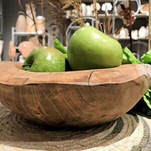 WHW Whole House Worlds Chunky Teak Wood Bowl, Hand Crafted, Dish Size, 9.75 Overall Vessel Diameter, 7 Inch Bowl, Warm Brown, Sanded Smooth, Grainy Knotted, Decorative