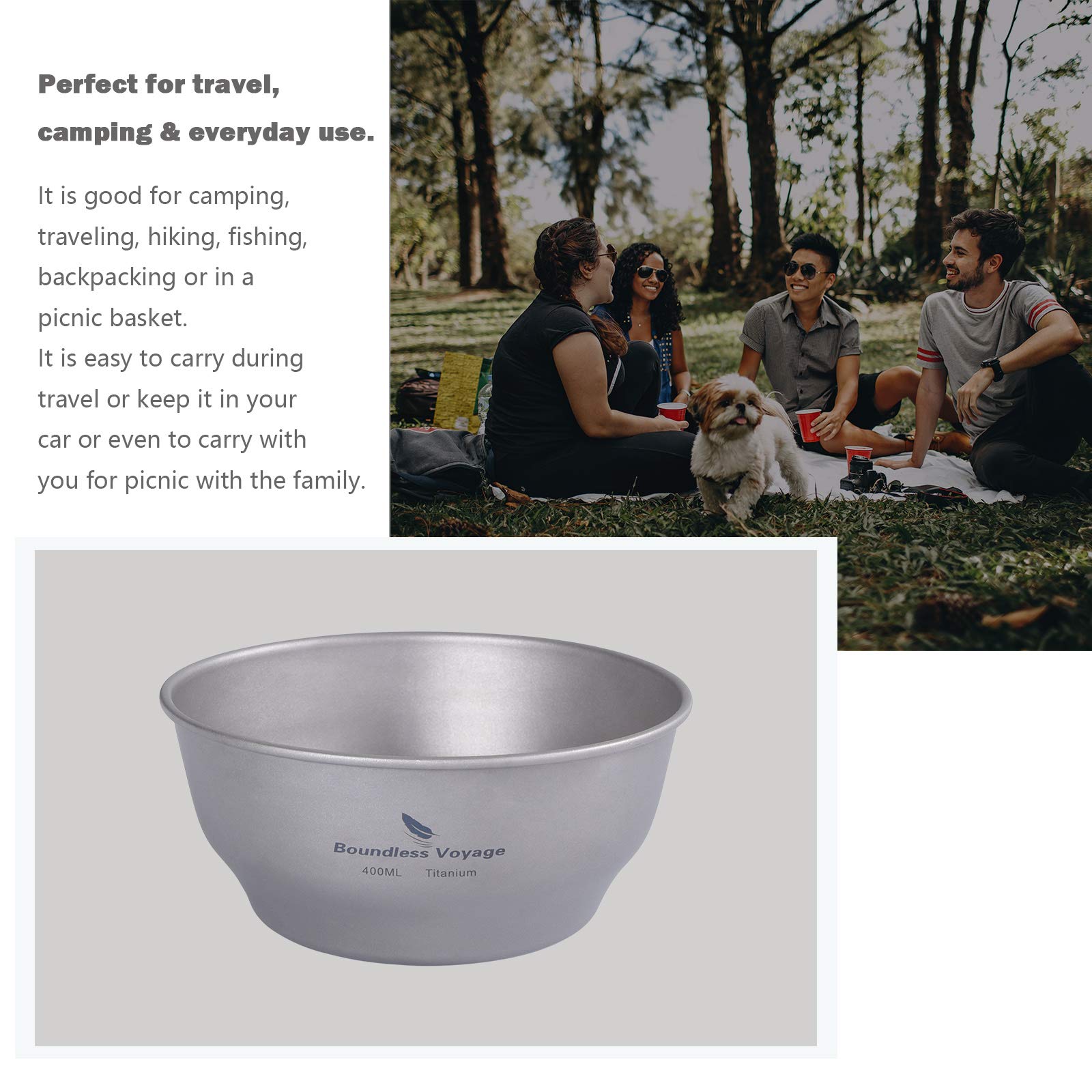 Boundless Voyage 400ml Camping Titanium Single-Walled Bowls Lightweight for Outdoor Hiking Dinnerware A-Ti1105T