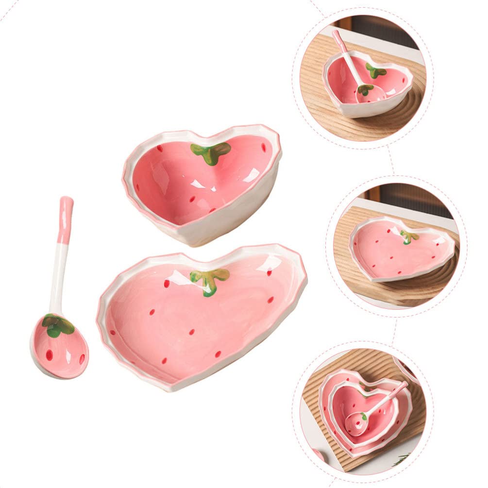 UPKOCH Sushi Dishes Ceramic Dessert Plate Heart Shape Salad Bowl Cute Strawberry Fruit Appetizer Serving Bowl Sushi Dinner Plate Snack Serving Platter Jewelry Dish with Spoon Sushi Making Kit