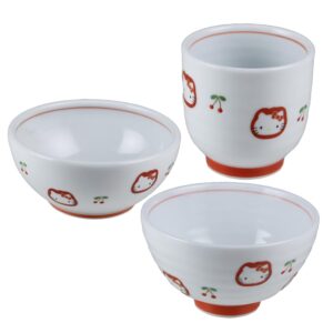 ctoc japan 888321 hello kitty cherry dining table set/rice bowl φ4.2 inches (10.7 cm), tea cup φ2.9 inches (7.4 cm), small bowl φ4.7 inches (11.9 cm), arita ware, made in japan
