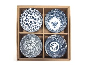 set of 4 porcelain japanese bowls w gift box for ramen noodle udon noodle rice vietnamese soup cereal pho popcorn oatmeal (traditional blue and white)