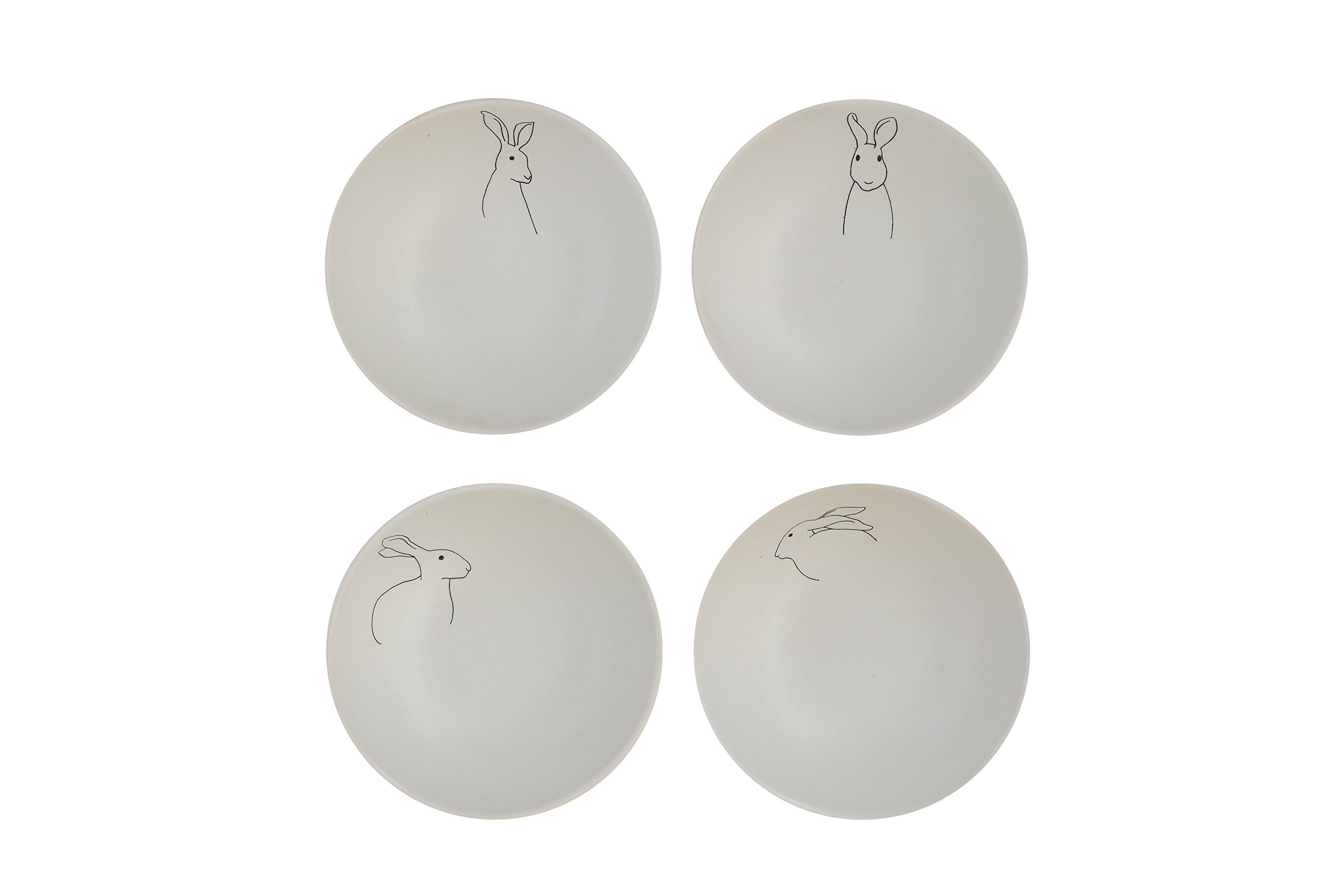 Creative Co-Op White Stoneware Bowls with Rabbit Drawings (Set of 4 Designs)