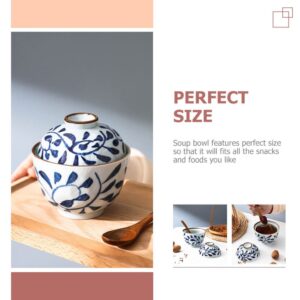 CALLARON Mixing Bowls Ceramic Stew Pot with Lid Steam Soup Bowl Steaming Cup Japanese Style Noodle Bowl Steamed Egg Bowl Custard Cups for Home Kitchen Egg Custard Birds Popcorn Bowl