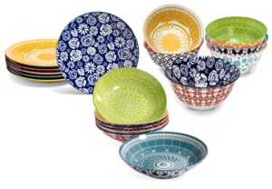annovero cereal bowls, salad plates, pasta bowls. cute and colorful porcelain dishes for kitchen, microwave and oven safe. bundle