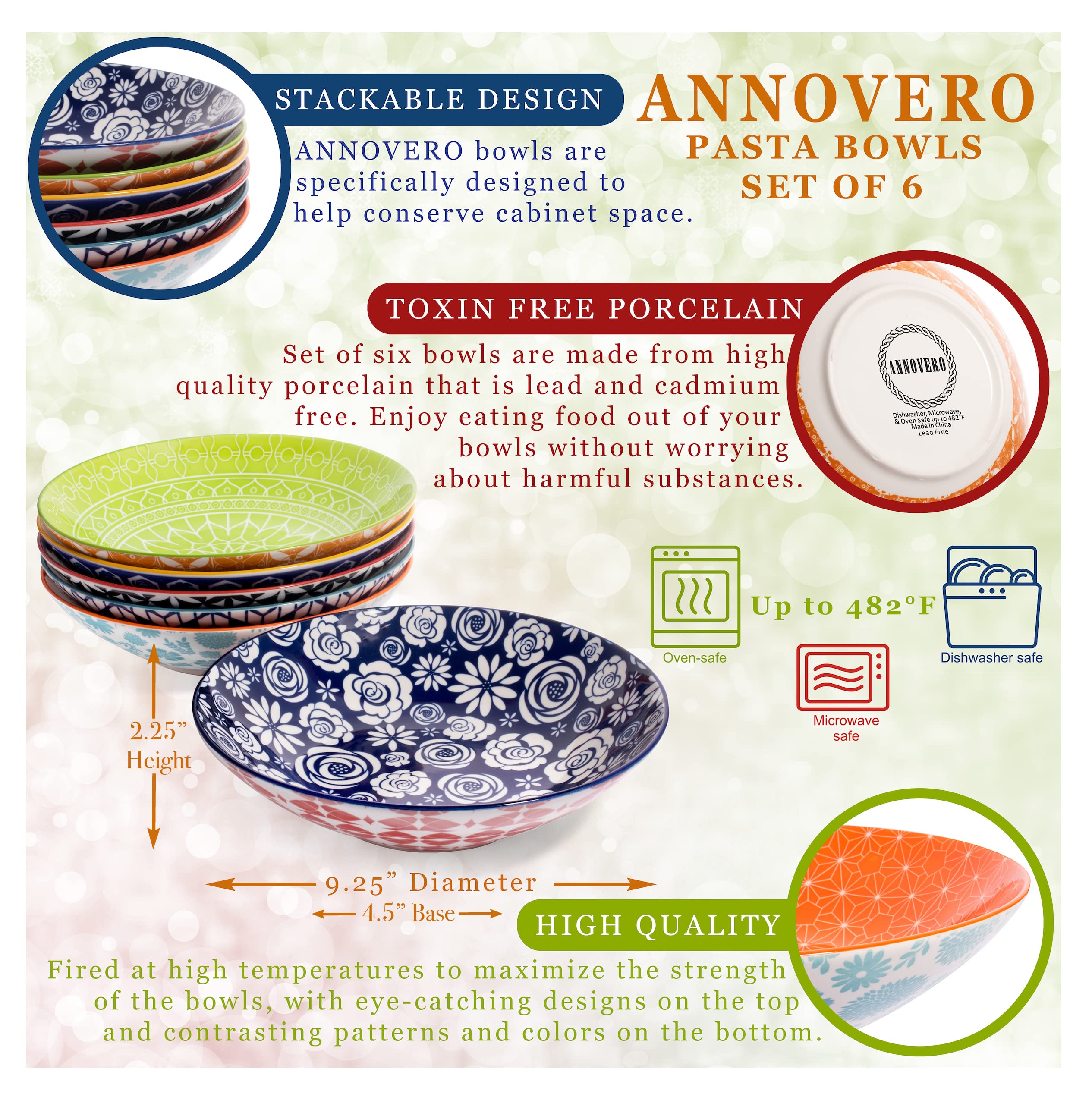 Annovero Cereal Bowls, Salad Plates, Pasta Bowls. Cute and Colorful Porcelain Dishes for Kitchen, Microwave and Oven Safe. Bundle