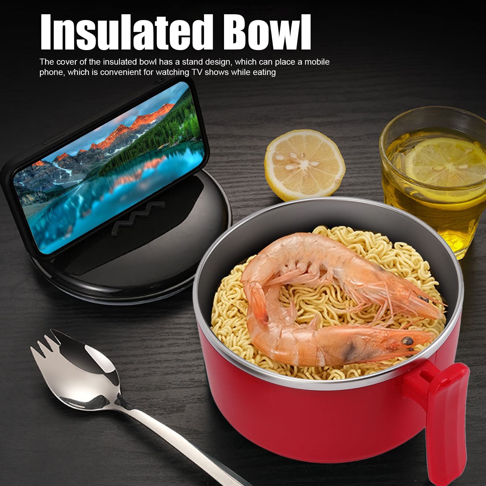 Insulated Bowl Ramen Mug Food Container Ramen Bowl Insulated Bowl 304 Stainless Steel with Lids Stand Design Hollow Double Layer Heat Insulation Ramen Mug for Kitchen (Red)