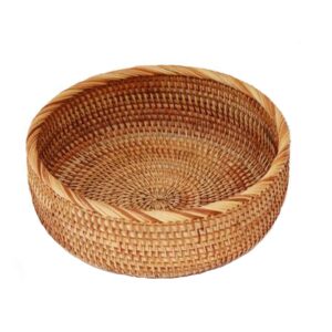 round rattan fruit basket bowl - kunang handwoven storage serving baskets, natural woven fruit basket for storage candy, vegetable, snack, bread, tabletop decoration display tray (l)