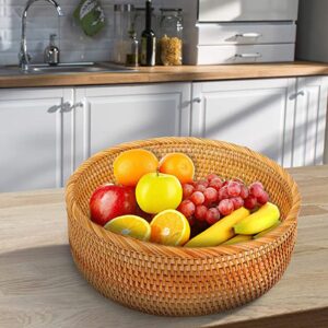 Round Rattan Fruit Basket Bowl - KUNANG Handwoven Storage Serving Baskets, Natural Woven Fruit Basket for Storage Candy, Vegetable, Snack, Bread, Tabletop Decoration Display Tray (L)