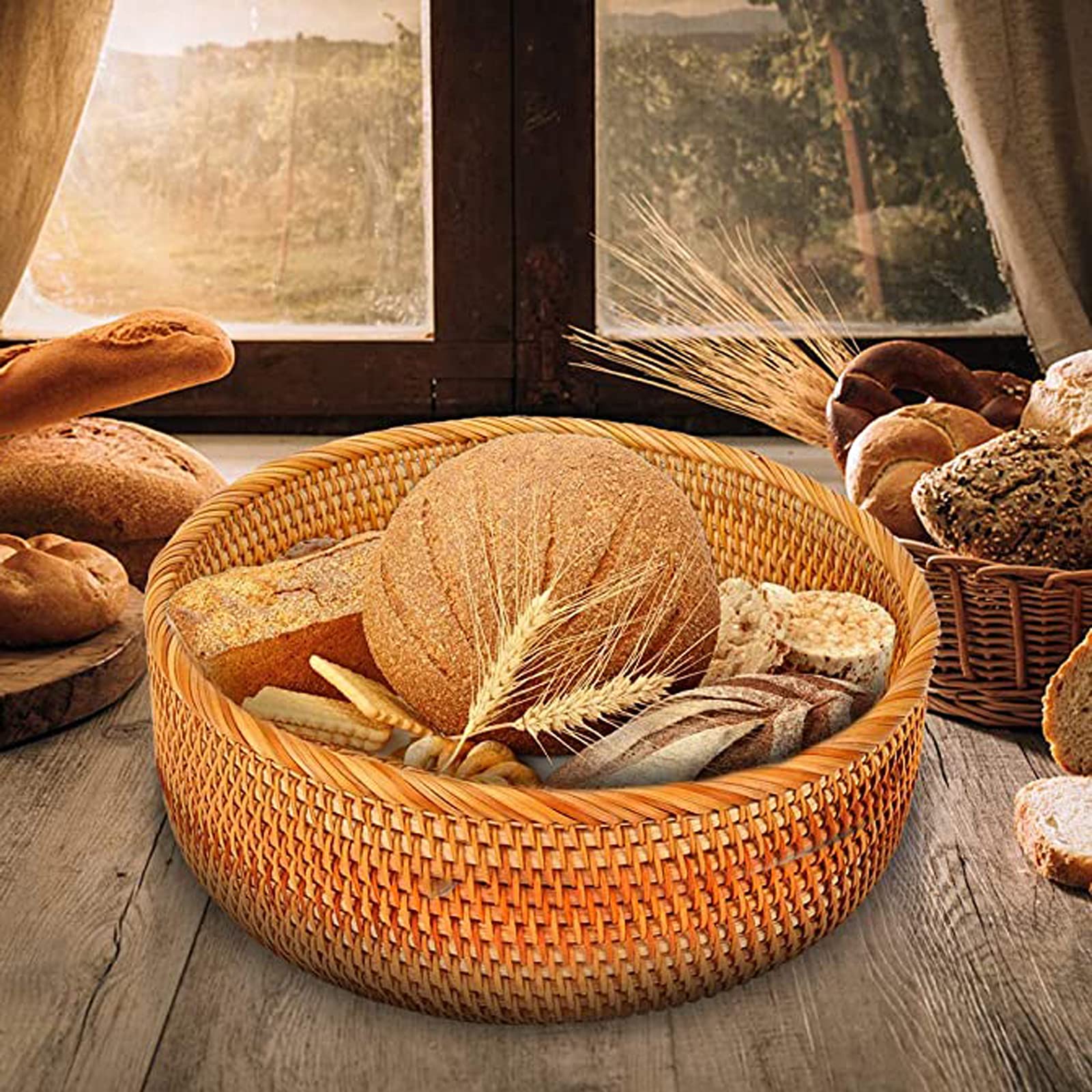 Round Rattan Fruit Basket Bowl - KUNANG Handwoven Storage Serving Baskets, Natural Woven Fruit Basket for Storage Candy, Vegetable, Snack, Bread, Tabletop Decoration Display Tray (L)