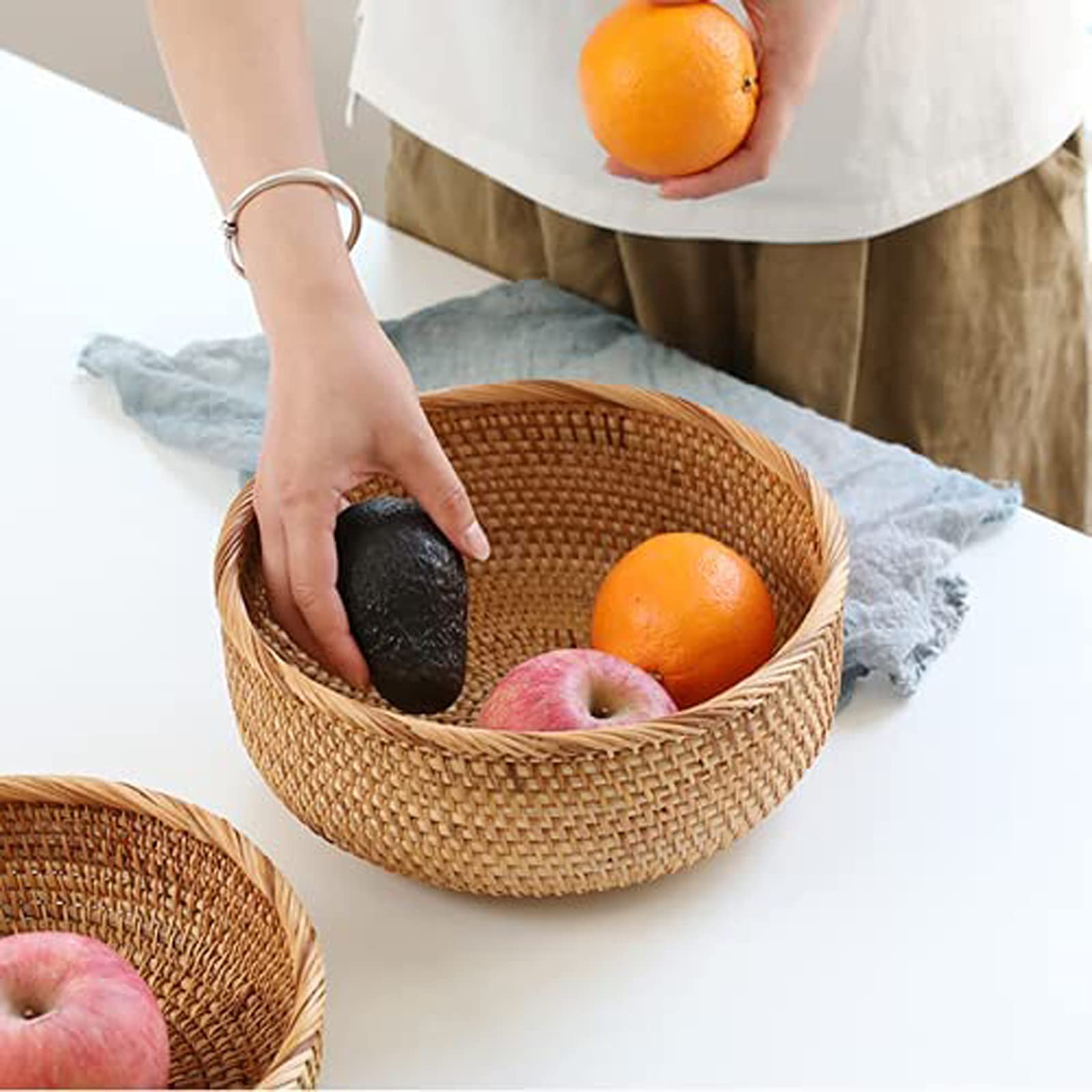 Round Rattan Fruit Basket Bowl - KUNANG Handwoven Storage Serving Baskets, Natural Woven Fruit Basket for Storage Candy, Vegetable, Snack, Bread, Tabletop Decoration Display Tray (L)