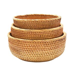 Round Rattan Fruit Basket Bowl - KUNANG Handwoven Storage Serving Baskets, Natural Woven Fruit Basket for Storage Candy, Vegetable, Snack, Bread, Tabletop Decoration Display Tray (L)