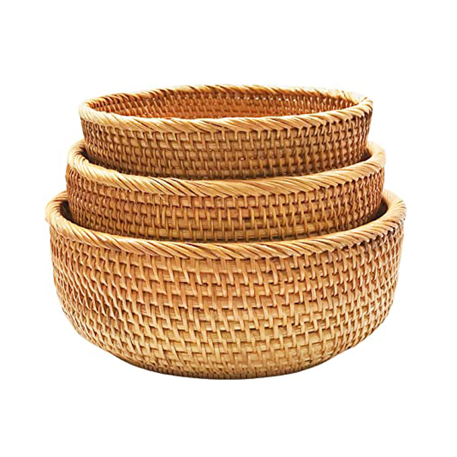 Round Rattan Fruit Basket Bowl - KUNANG Handwoven Storage Serving Baskets, Natural Woven Fruit Basket for Storage Candy, Vegetable, Snack, Bread, Tabletop Decoration Display Tray (L)