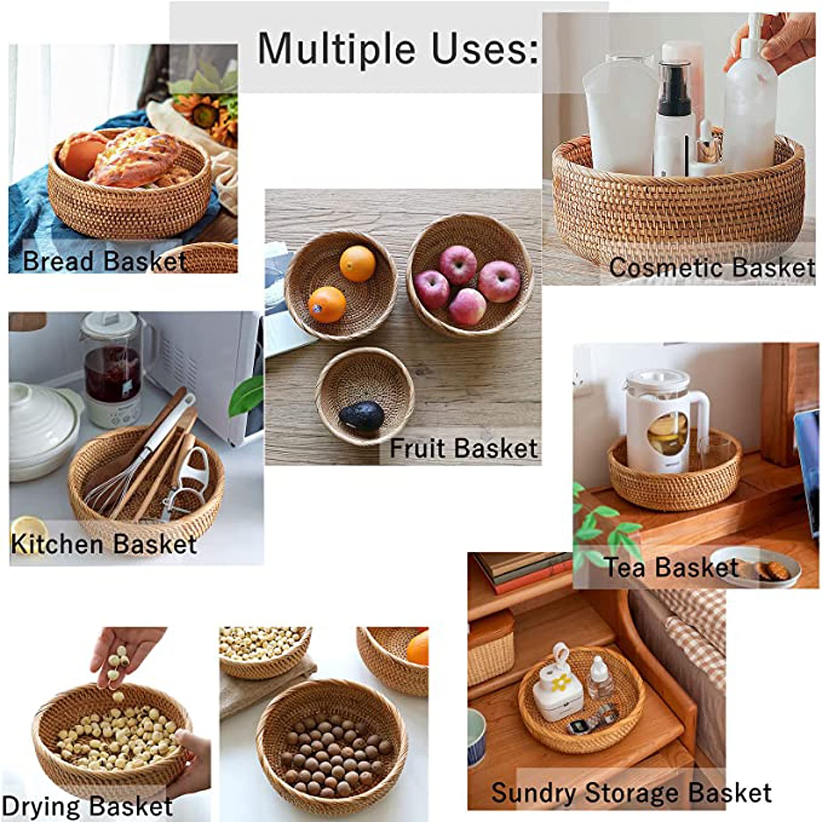 Round Rattan Fruit Basket Bowl - KUNANG Handwoven Storage Serving Baskets, Natural Woven Fruit Basket for Storage Candy, Vegetable, Snack, Bread, Tabletop Decoration Display Tray (L)