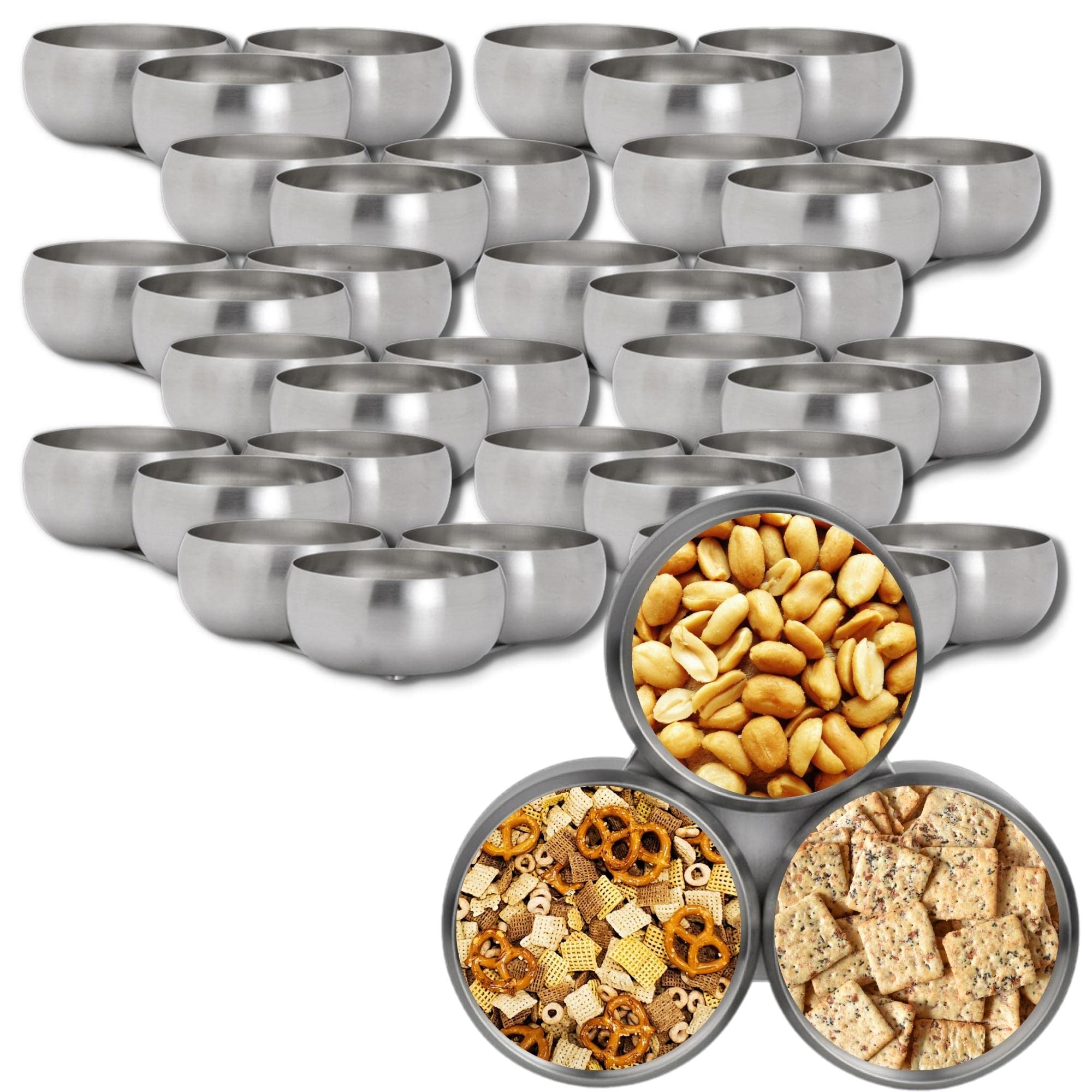 Steelite International 7600CV034 Snack Bowl Set, Stainless Steel Set of 3, Metal Dipping Sauce Appetizer Servers for Table Top, 6 Ounce Dish with Serving Tray, Use, Set of 12